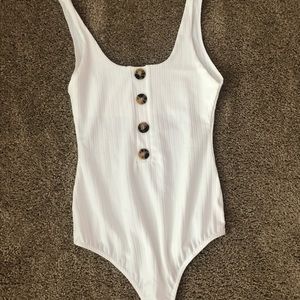 Cream Rib Button Front Thong Bodysuit